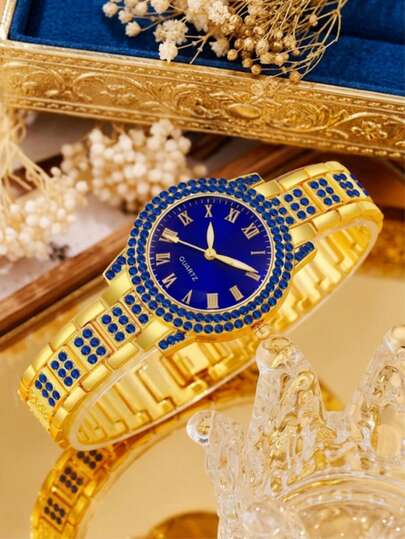 Ensemble de 6 pièces, montre de luxe à la mode pour femmes avec strass bleus exquis en quartz, bracelet en acier inoxydable, ensemble de bijoux avec strass bleus, convient pour le port quotidien, les fêtes, les vacances, etc., également comme cadeau pour