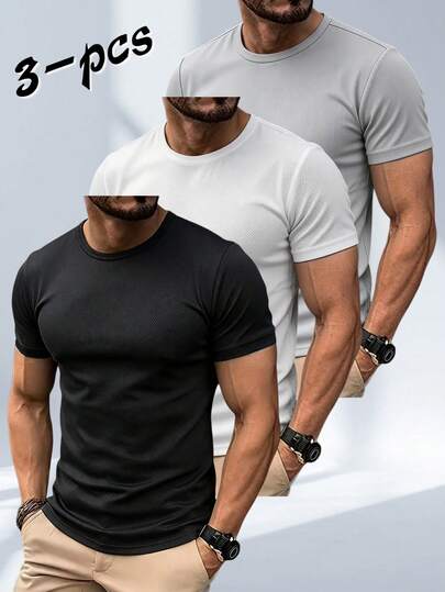 3 pièces/Set T-shirts de sport d'été à séchage rapide pour hommes - Col rond multicolore à manches courtes, hauts polyvalents et respirants, convenant pour la fitness et la course, légers