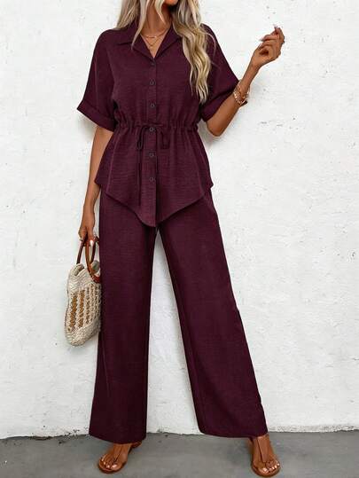 Elouméa Ensemble 2 pièces d'été décontracté, chemise et pantalon à cordon de serrage taille, couleur unie