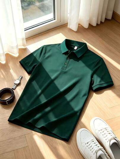 Chemise polo légère en tissu d'été pour hommes | Top ajusté à manches courtes de couleur unie avec col, convient pour le quotidien, les trajets, le bureau, les sports légers et le port à la plage