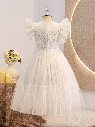 Robe mini élégante et luxueuse en patchwork de maille pour jeunes filles, robe de princesse pour anniversaire, demoiselle d'honneur, thé, mariage, remise des diplômes, tenue d'été blanche