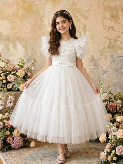 Robe mini élégante et luxueuse en patchwork de maille pour jeunes filles, robe de princesse pour anniversaire, demoiselle d'honneur, thé, mariage, remise des diplômes, tenue d'été blanche