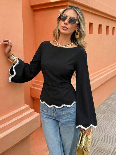 Flora Isola Flora Isola 1 pièce Blouse à volants à la taille avec garniture de ruban en forme de cœur ondulé pour femmes, pour le printemps/été
