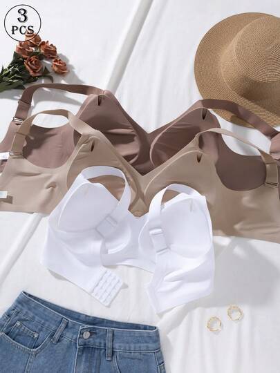 3 pièces Soutien-gorge sans fil en gelée grande taille, bretelles larges réglables, doux, respirant et confortable, fermeture à crochet au dos avec 4 rangées pour un soutien et une stabilité de la coupe améliorés, convient pour les déplacements et le port