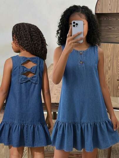 Robe en jean sans manches pour filles avec ourlet volant, printemps/été