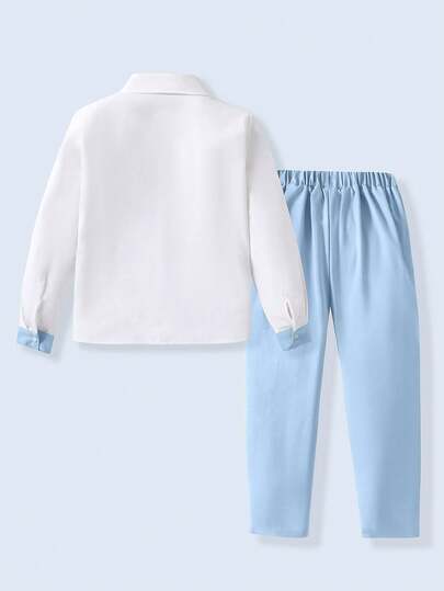 2 pièces Tenue de gentleman pour garçon préadolescent, bleu et blanc, automne, élégant preppy, costume formel assorti pour invité de mariage en famille, chemise bleu poudré + nœud papillon + pantalon