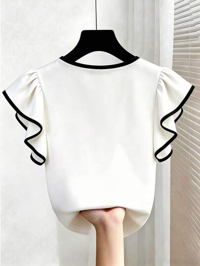 Franclia Top en mousseline élégant français à col en V, contraste noir & blanc, bordure à volants, manches courtes, coupe slim, tenue de bureau, nouveau pour l'été