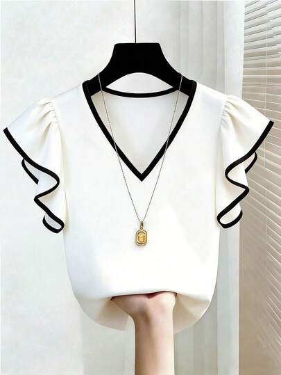 Franclia Top en mousseline élégant français à col en V, contraste noir & blanc, bordure à volants, manches courtes, coupe slim, tenue de bureau, nouveau pour l'été