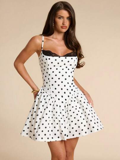 BAE Jupe mini évasée à pois d'été avec patchwork de dentelle noire, robe de cocktail de demoiselle d'honneur pour occasions formelles, robe mini pour anniversaire