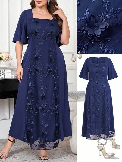 Clasi Robe élégante à col carré, manches à volants et broderie florale pour femmes grandes tailles