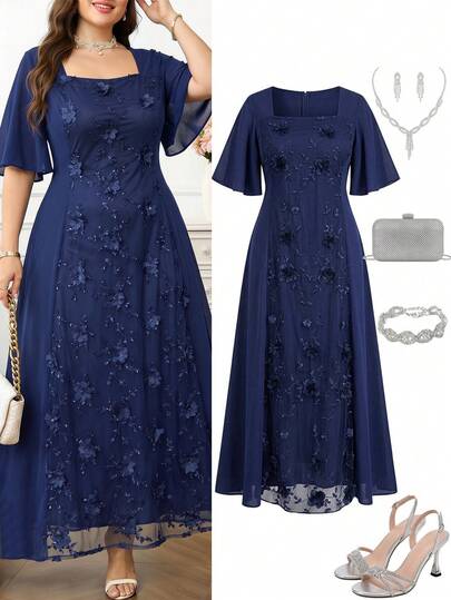Clasi Robe élégante à col carré, manches à volants et broderie florale pour femmes grandes tailles