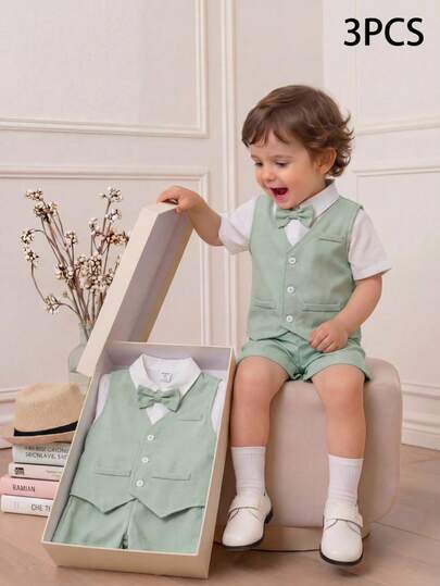 3 pièces Tenue de jeune garçon de type gentleman - Chemise blanche à manches courtes, gilet et short vert clair, convient pour le printemps/été, idéal pour un anniversaire, un baptême, un 1er anniversaire, une cérémonie, une représentation, un mariage en