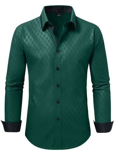Manfinity Mode Chemise habillée vert foncé pour hommes, chemise à manches longues avec motif texturé pour l'automne, style formel et décontracté, col montant de luxe, boutonnée, top, cadeau, cérémonie