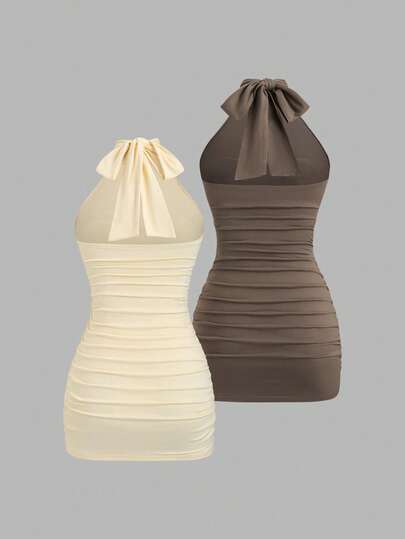 Flirla Ensemble 2 pièces robe mini moulante plissée élégante et décontractée, col ras-du-cou, couleurs abricot et café, pour le printemps/été