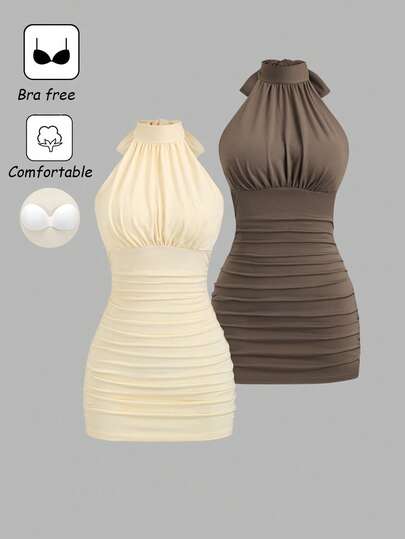 Flirla Ensemble 2 pièces robe mini moulante plissée élégante et décontractée, col ras-du-cou, couleurs abricot et café, pour le printemps/été