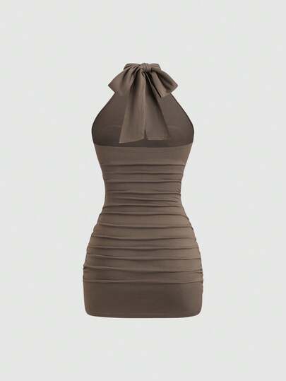 Flirla Ensemble 2 pièces robe mini moulante plissée élégante et décontractée, col ras-du-cou, couleurs abricot et café, pour le printemps/été