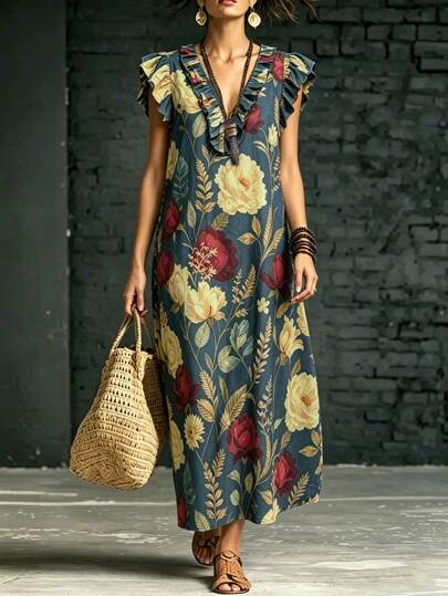 EMERY ROSE Robe longue d'été de style décontracté, de grande taille, pour les voyages et les vacances, avec motif floral tressé