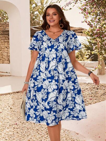 EMERY ROSE Robe ample d'été de vacances à la plage pour femmes, imprimé floral, col en V, plissée, ample
