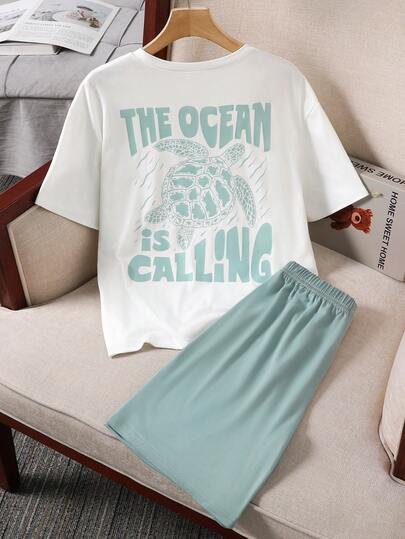 Vacaura 2 pièces/Set T-shirt à manches courtes avec imprimé tortue et short assorti pour garçons préadolescents, tenue de style de rue pour un port quotidien, convient pour la plage, les vacances, les séances photo, nouvelle mode printemps/été 2026