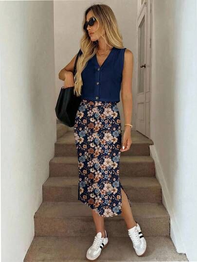 LUNE Ensemble 2 pièces décontracté pour femmes, composé d'un gilet cardigan à boutons et d'une jupe, motif floral vintage en bleu marine, convient pour le printemps/été