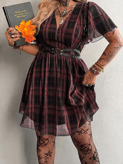 Whyspr Robe à carreaux style punk grande taille pour le printemps/été