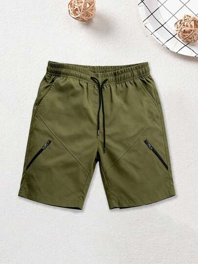 1 pièce Short de sport décontracté vert armée pour hommes, nouveau short d'été fin à séchage rapide, style streetwear fonctionnel avec poches zippées