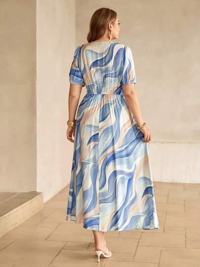 Roveilla Robe longue femme printemps/été en lin à nœud en bambou, imprimé pois élégant et chic pour le bureau, les déplacements, les vacances, les soirées romantiques et les thés. Col V, taille ajustée, manches bouffantes, ouverture devant. Style A-line