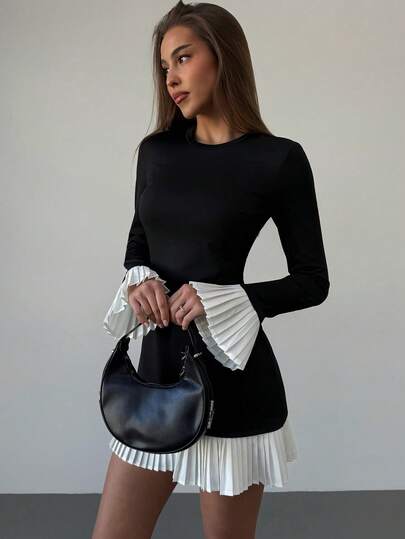 Aloruh Robe courte à col rond, manches longues, couleur unie avec empiècement pour femmes