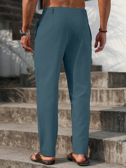 VENTUSAIL Pantalon long fuselé pour hommes, taille à cordon de serrage, lin, unicolore, frais, pour sortir, automne, vacances