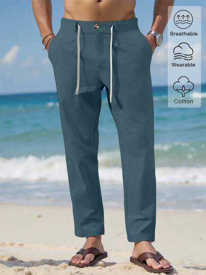 VENTUSAIL Pantalon long fuselé pour hommes, taille à cordon de serrage, lin, unicolore, frais, pour sortir, automne, vacances