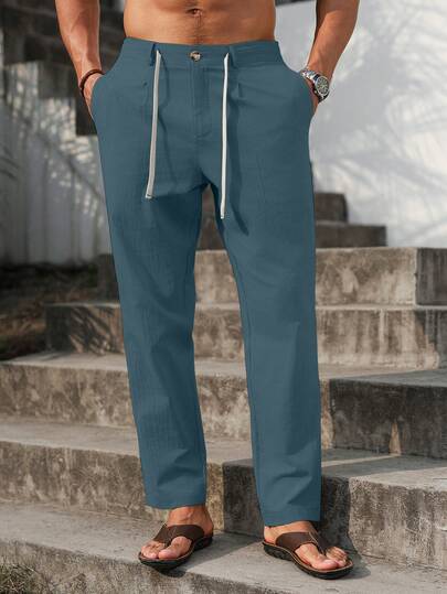 VENTUSAIL Pantalon long fuselé pour hommes, taille à cordon de serrage, lin, unicolore, frais, pour sortir, automne, vacances