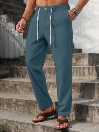 VENTUSAIL Pantalon long fuselé pour hommes, taille à cordon de serrage, lin, unicolore, frais, pour sortir, automne, vacances