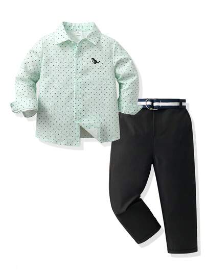 Ensemble de jeune garçon gentleman, chemise à manches longues à pois et pantalon de costume, assortiment familial, rentrée scolaire, pour fête d'anniversaire, mariage, automne, bébé patron
