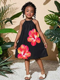 Robe d'été décontractée à fleurs tropicales imprimées sur fond noir pour jeune fille, style ras-du-cou en tissu tressé