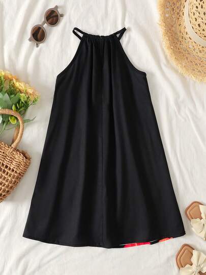 Robe d'été décontractée à fleurs tropicales imprimées sur fond noir pour jeune fille, style ras-du-cou en tissu tressé