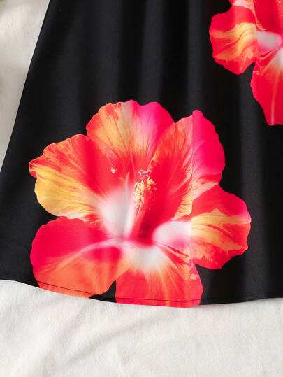 Robe d'été décontractée à fleurs tropicales imprimées sur fond noir pour jeune fille, style ras-du-cou en tissu tressé