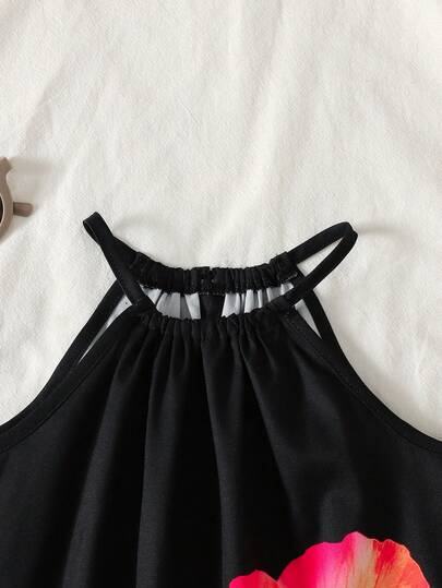 Robe d'été décontractée à fleurs tropicales imprimées sur fond noir pour jeune fille, style ras-du-cou en tissu tressé