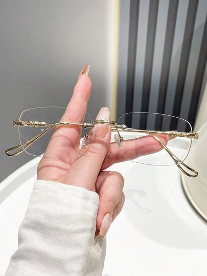 1 paire de lunettes sans monture en métal minimaliste à la mode avec verres simples, convient pour le bureau, les fêtes, accessoire de mode, accessoire de photographie