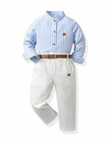 2 pièces Ensemble de jeune garçon gentleman, chemise à manches longues à col mandarin rayée bleue, pantalon de costume avec ceinture, blanc, tenue de mariage et d'anniversaire pour l'automne