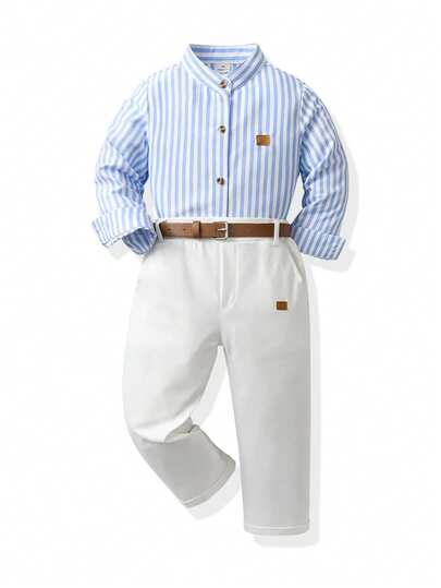 2 pièces Ensemble de jeune garçon gentleman, chemise à manches longues à col mandarin rayée bleue, pantalon de costume avec ceinture, blanc, tenue de mariage et d'anniversaire pour l'automne