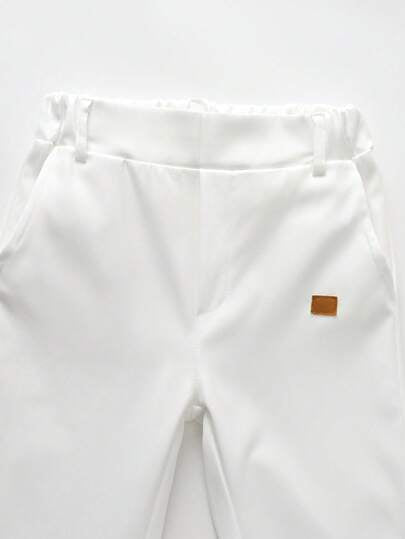 2 pièces Ensemble de jeune garçon gentleman, chemise à manches longues à col mandarin rayée bleue, pantalon de costume avec ceinture, blanc, tenue de mariage et d'anniversaire pour l'automne