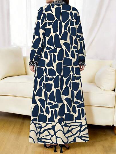 Lacomfia Robe grande taille vintage à imprimé graphique en noir et abricot, robe à manches longues avec col montant boutonné, style arabe digne et élégant pour le printemps et l'automne