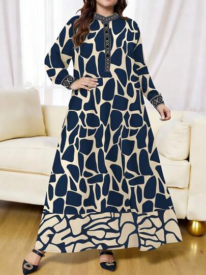Lacomfia Robe grande taille vintage à imprimé graphique en noir et abricot, robe à manches longues avec col montant boutonné, style arabe digne et élégant pour le printemps et l'automne
