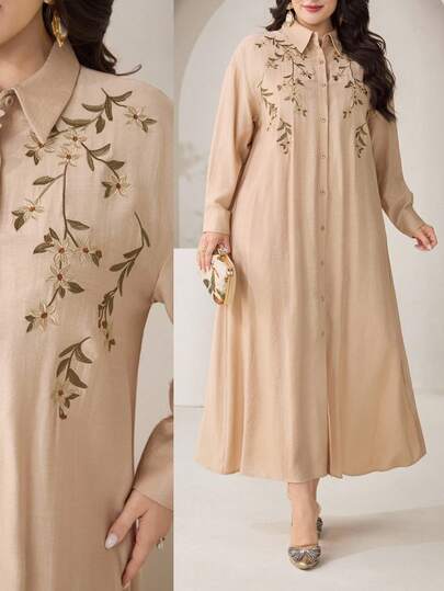 Veilorie Robe élégante et décontractée pour femmes grandes tailles, brodée, à manches longues, pour l'automne, tea party, brunch, formelle, beige