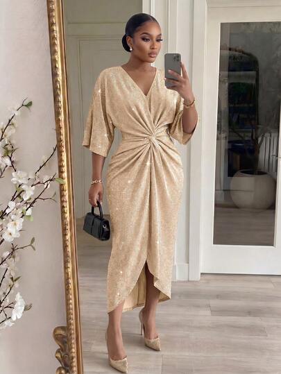 Robe de soirée élégante à encolure en V, taille froncée, pour femmes grandes tailles
