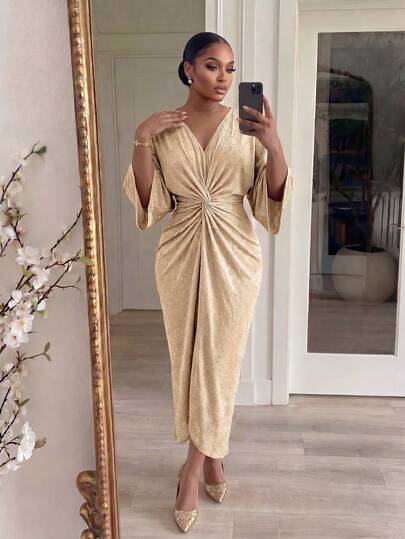 Robe de soirée élégante à encolure en V, taille froncée, pour femmes grandes tailles