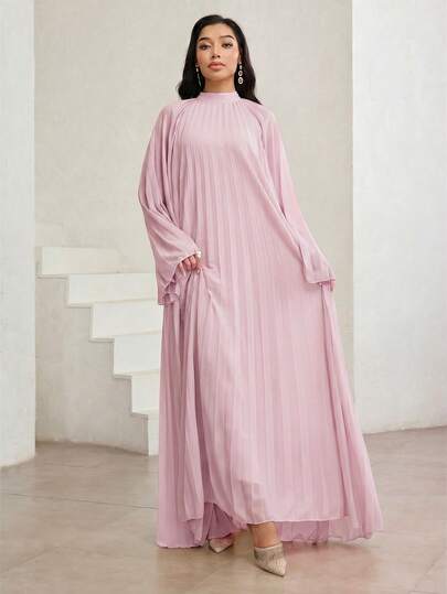 Veilorie Robe ample plissée de style arabe de couleur unie élégante et minimaliste pour femmes