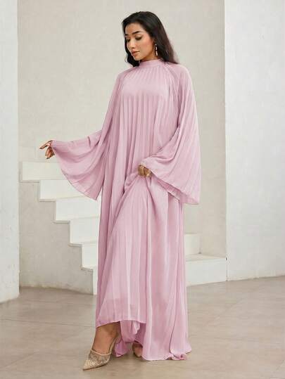 Veilorie Robe ample plissée de style arabe de couleur unie élégante et minimaliste pour femmes