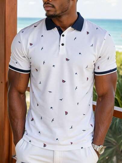 Calvornis Chemise polo formelle pour hommes avec imprimé intégral, bordure contrastée, col à demi-boutons, graphique tropical amusant, pour le golf et les cérémonies