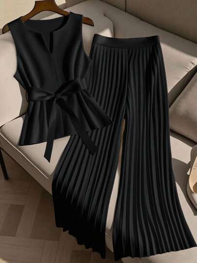GlowEve 2 pièces/Set Top sans manches grande taille et pantalon ample plissé décontracté pour femme